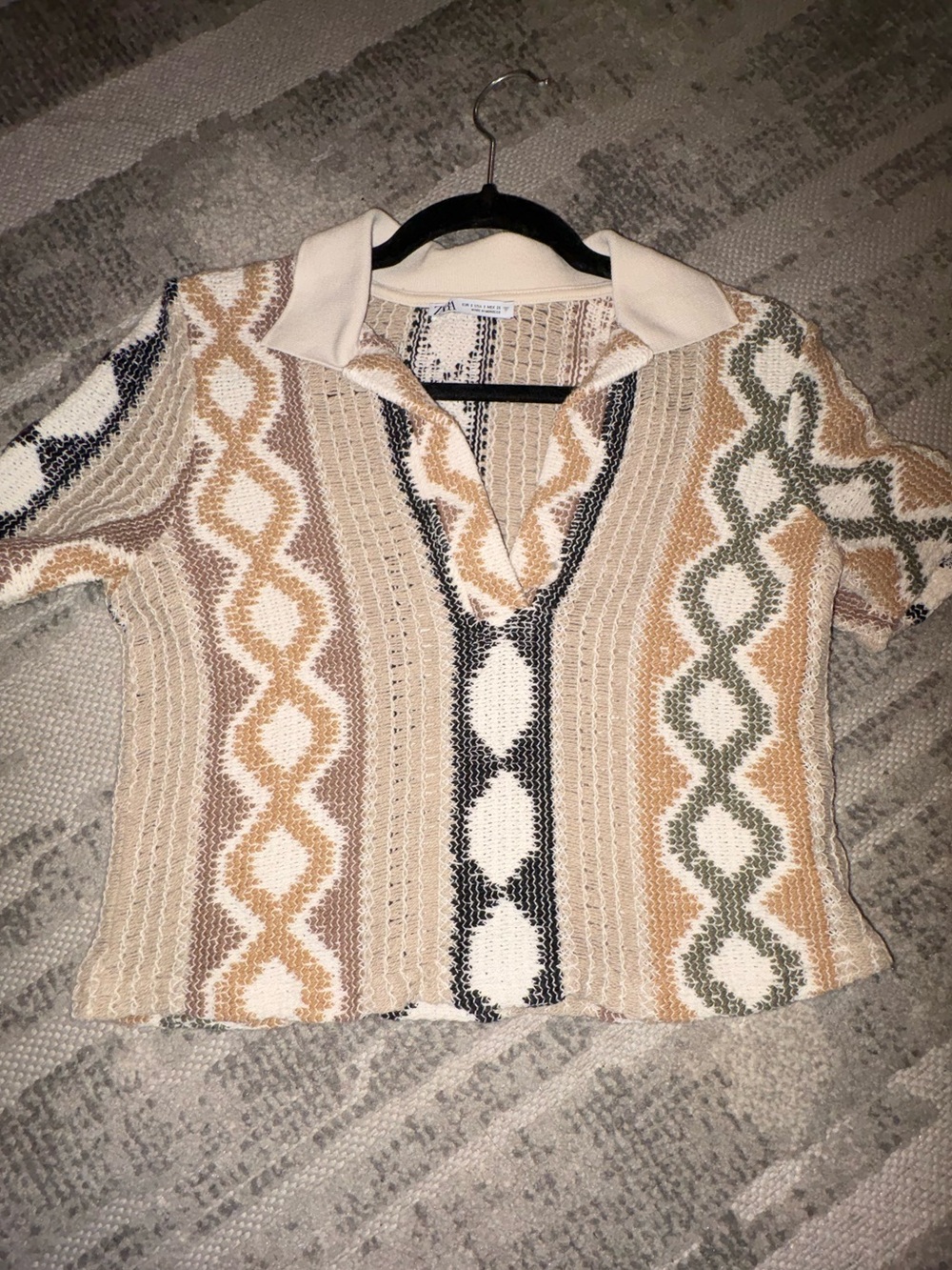 Zara Cream, Beige & Olive Striped V-Neck Crop Top